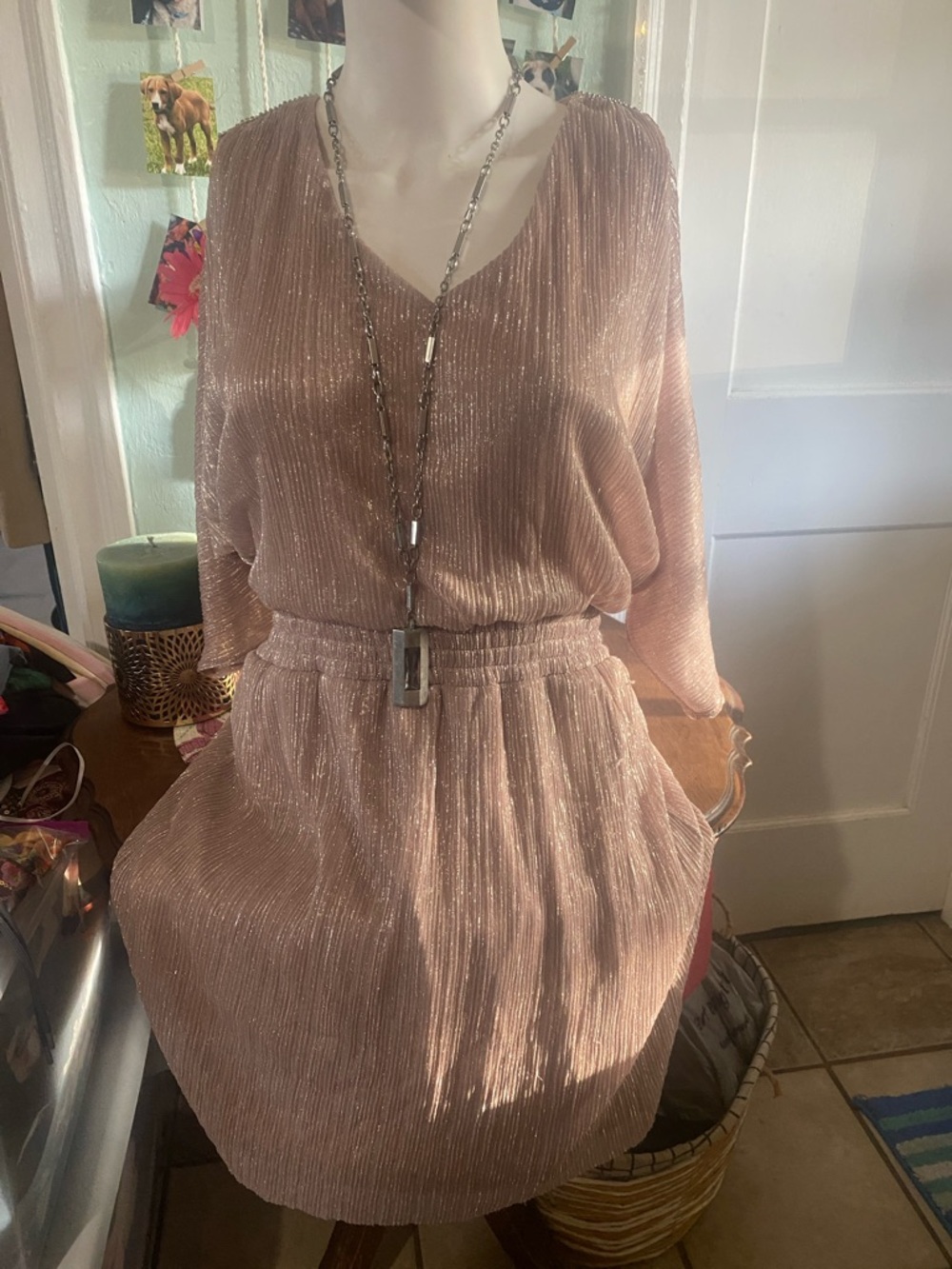 MSK Metallic Pleated Midi Dress in Dusty Blush